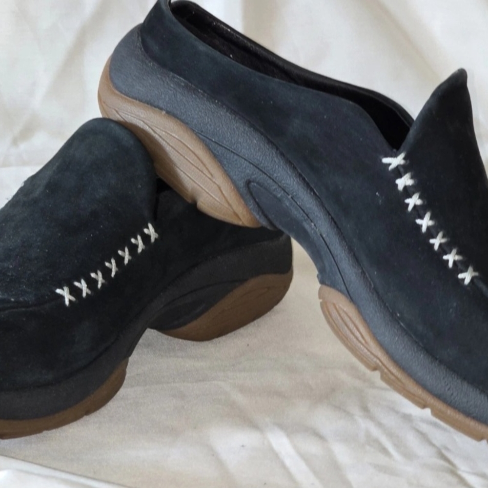 Black Suede Slip-On Shoes with White Stitching